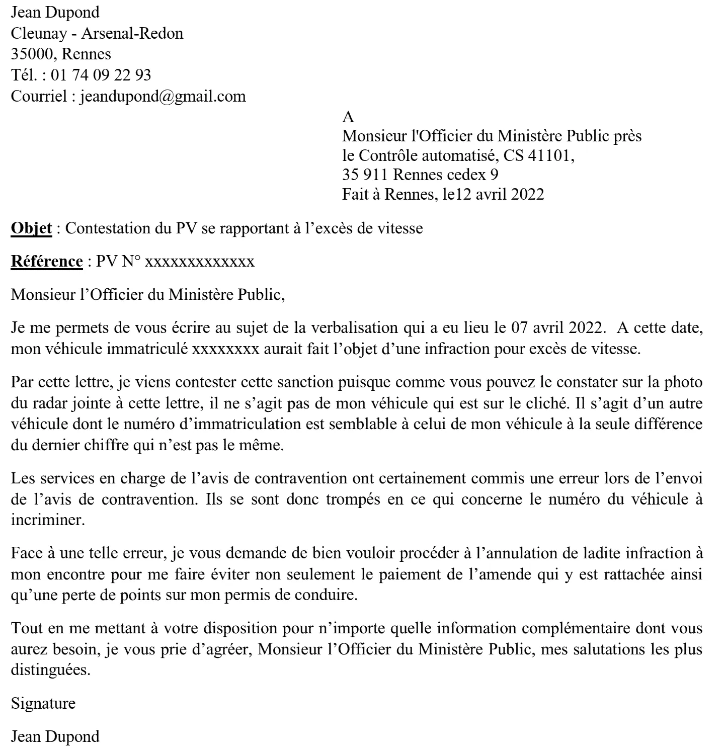 Modèle de lettre